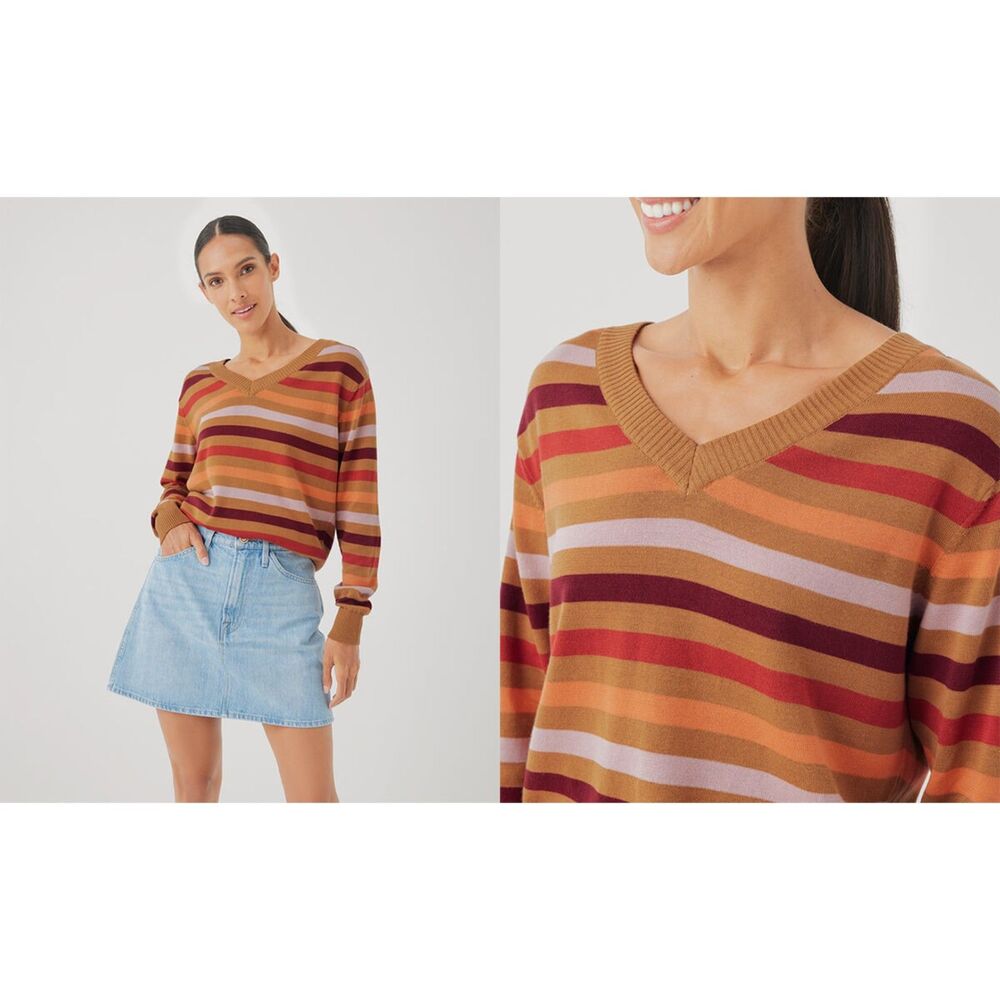 Pact shades of orange red brown size xsmall organic cotton v neck sweater